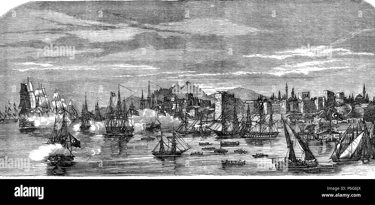 Guerra de Crimea. Destrucción de la escuadra turca por los navíos rusos en el puerto de Sinope en noviembre de 1853. Grabado de 1854. Stock Photo