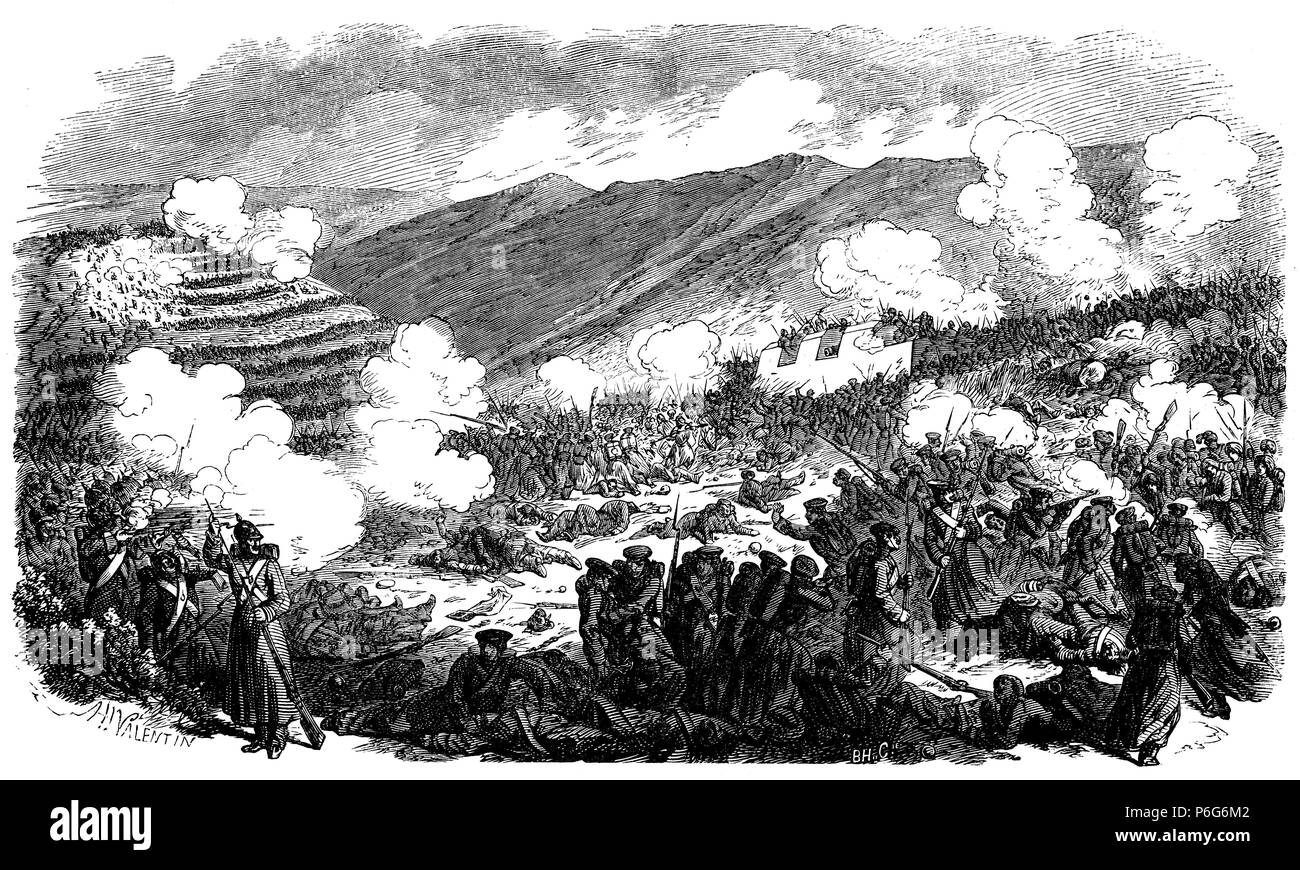 Guerra de Crimea. Batalla de Inkermann. La coalición franco-británica derrotó a las tropas rusas en noviembre de 1854. Grabado de 1855. Stock Photo