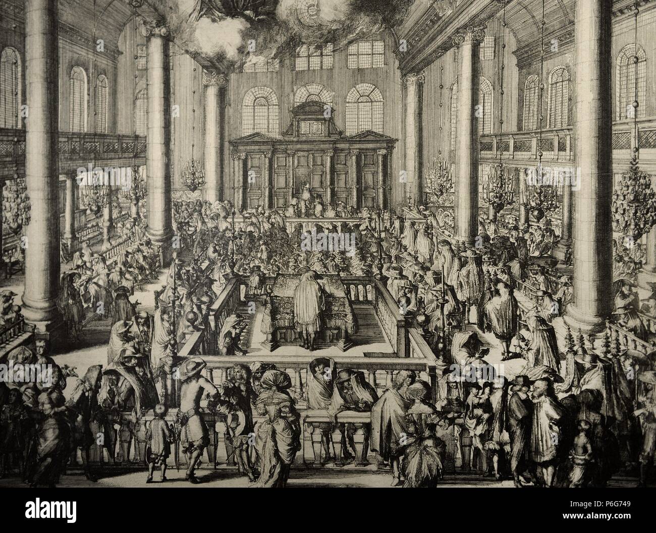 Portuguese Synagogue in Amsterdam. Inside. Scene cult initiation, 1675. Engraving by Dutch Hooglhe Romeyn (1645-1708). Baroque. Rijksmuseum Amsterdam. Netherlands. Stock Photo
