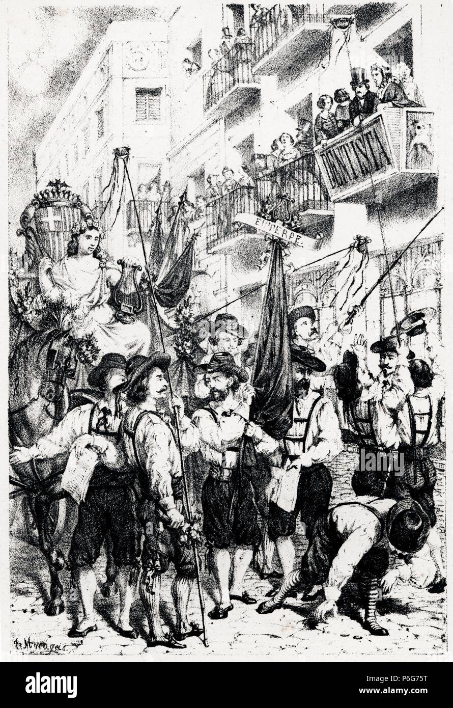 Barcelona. Cabalgata de la Sociedad Coral Euterpe a favor de los pobres. Grabado de 1890. Stock Photo