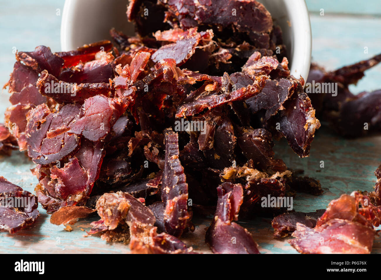 south african biltong, dried out meat cut into small snack size pieces, good source of protein Stock Photo