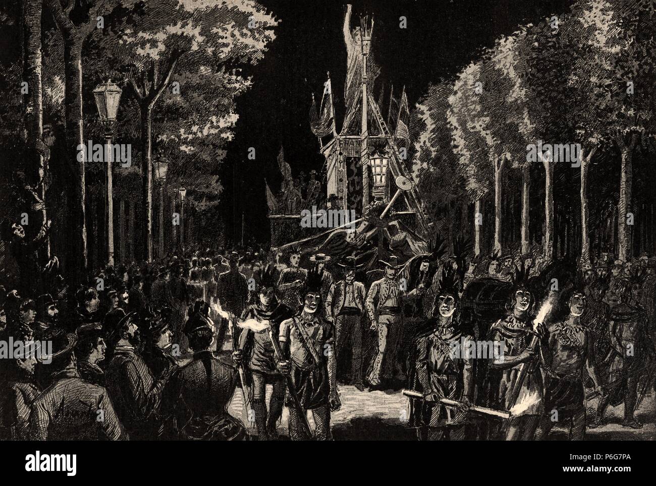 Barcelona. Cabalgata y carroza en honor a Colón pasando por el paseo de la Industria. Grabado de 1888. Stock Photo
