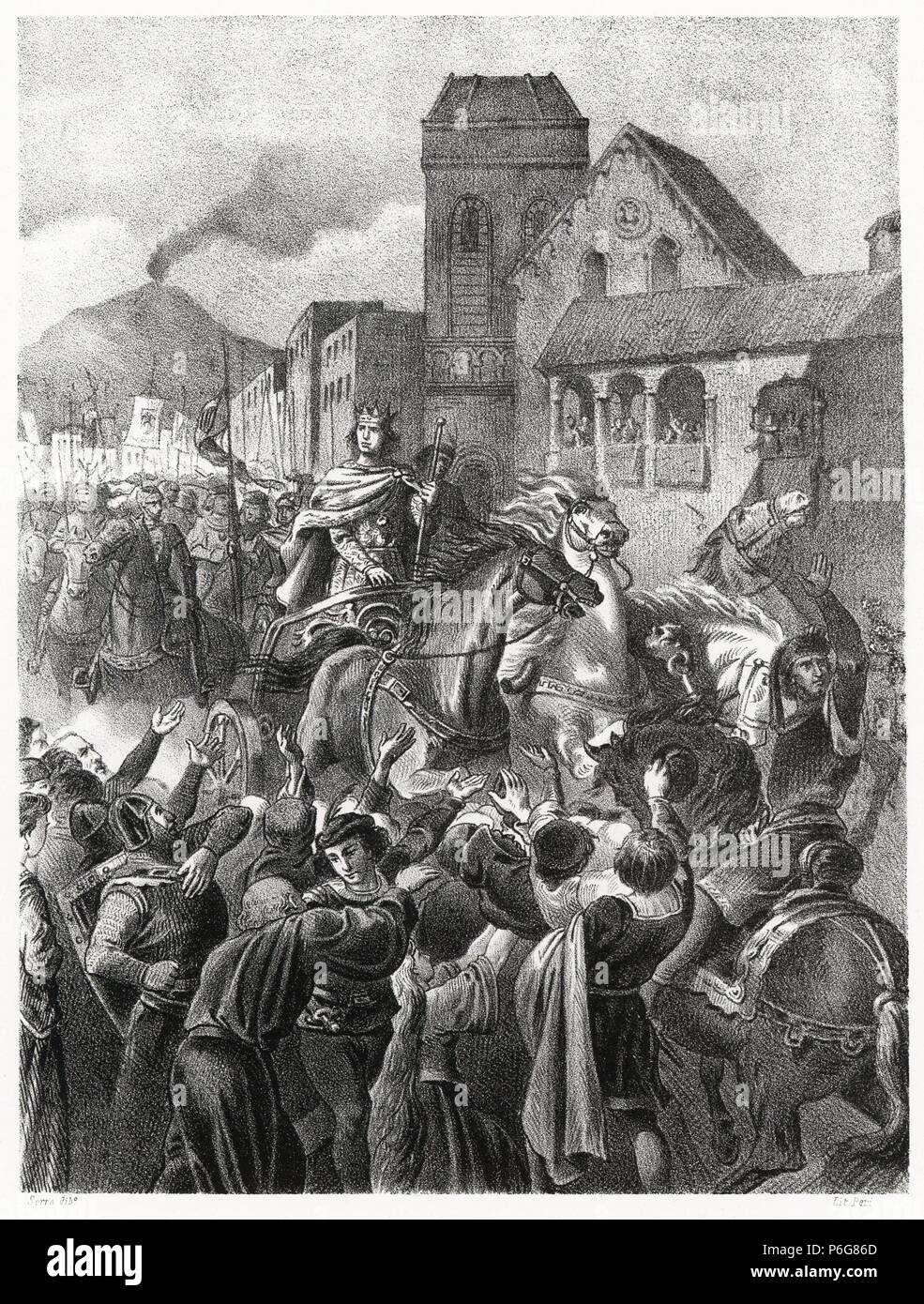 Historia de España. Entrada triunfal en Nápoles de don Alfonso V de Aragón (1396-1458), el Magnánimo, en 1442. Grabado de 1872. Stock Photo
