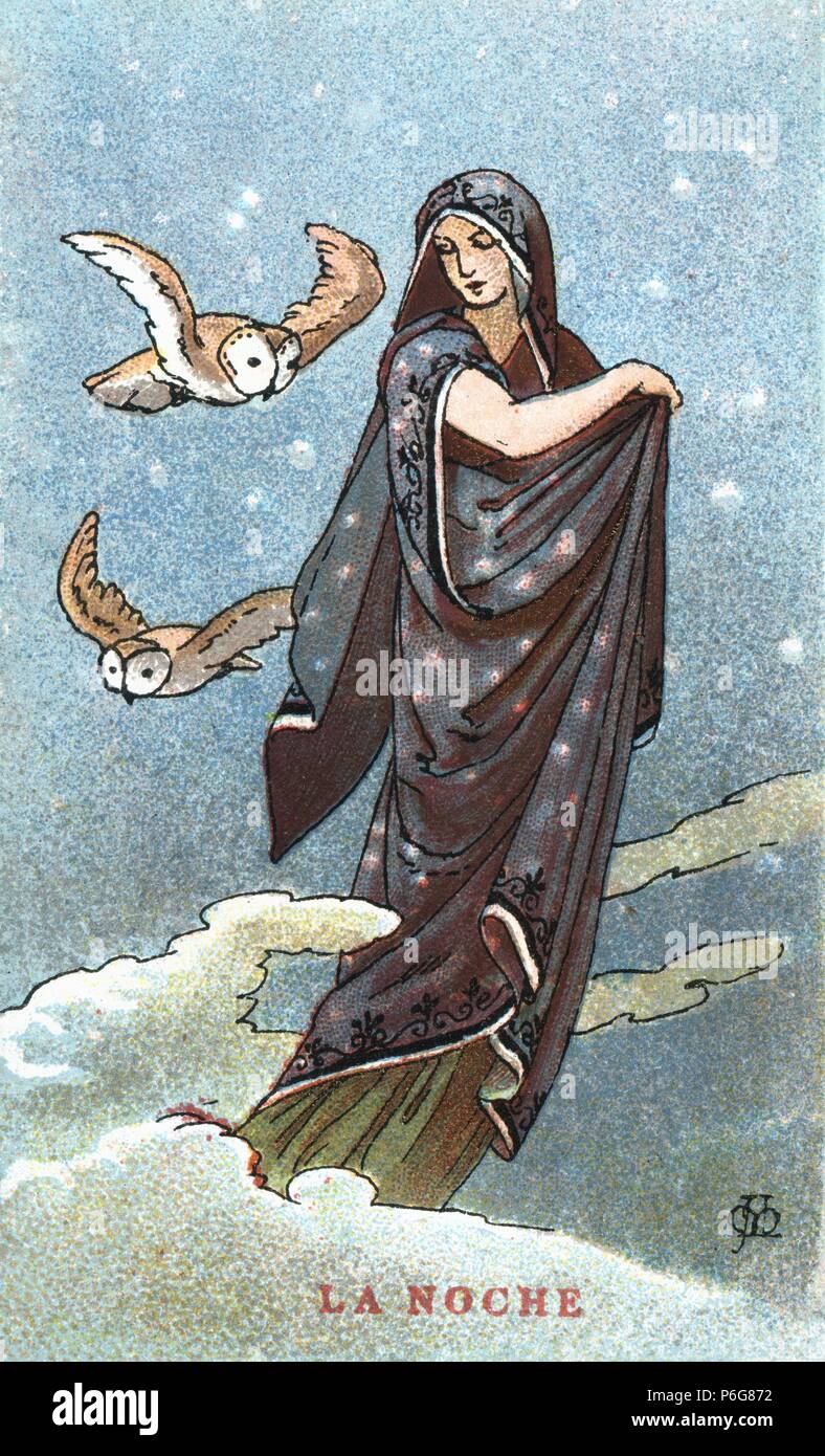 Mitología. Nix, diosa de la Noche, hija del cielo y la tierra, diosa de las tinieblas. Años 1920. Stock Photo