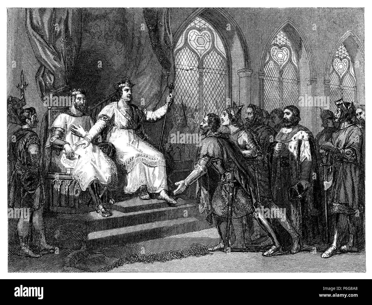 Francia. San Luis IX (1214-1270), rey de Francia recibiendo al rey de Inglaterra y sus barones en enero de 1264. Grabado de 1853. Stock Photo