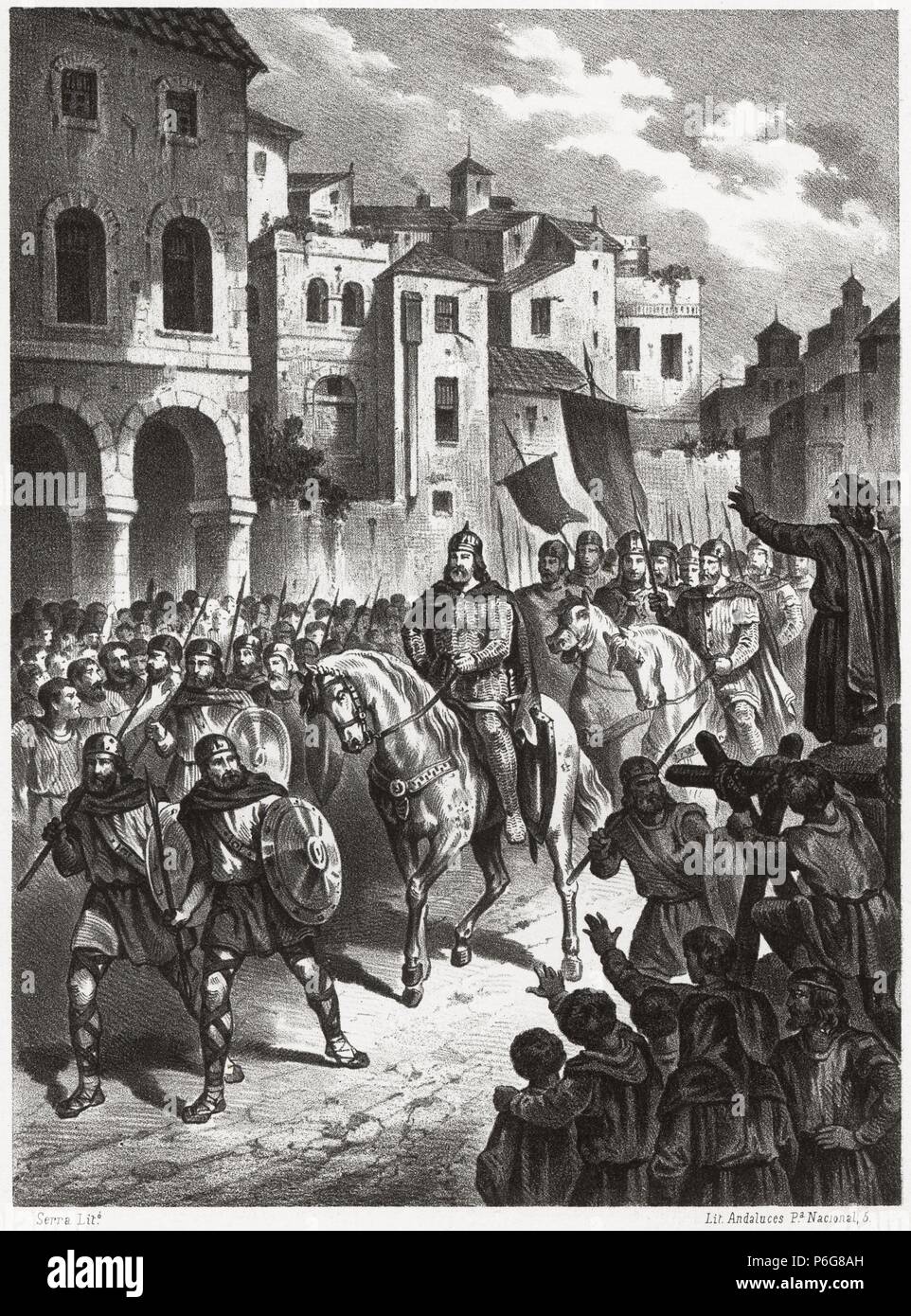Historia de España. Entrada en Tarragona del Conde Berenguer Ramón II el fratricida (1053-1097) en 1086, camino de Valencia. Grabado de 1872. Stock Photo
