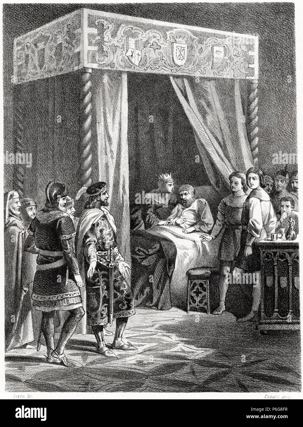 Historia de España. El rey Fernando I de Castilla y León visitando a su hermano Don García en el año 1030. Grabado de 1872. Stock Photo