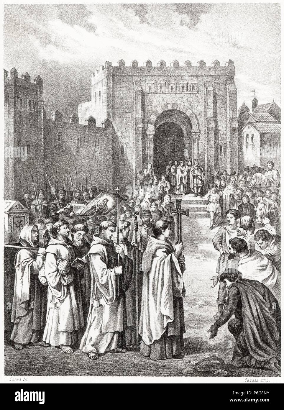 Historia de España. El rey Fernando I de Castilla recibe en León los restos de San Isidoro en el año 1063. Grabado de 1872. Stock Photo