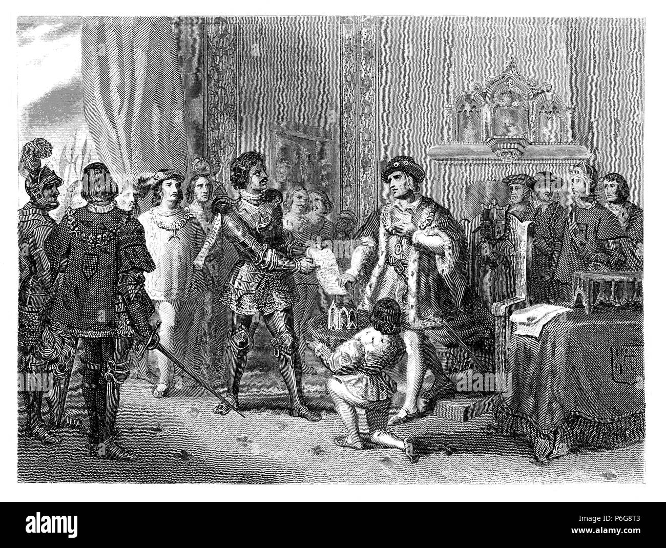Francia. Luis XI (1423-1483) reunido en Péronne con Carlos el Temerario, negociando un tratado de apoyo a Borgoña. Grabado de 1853. Stock Photo