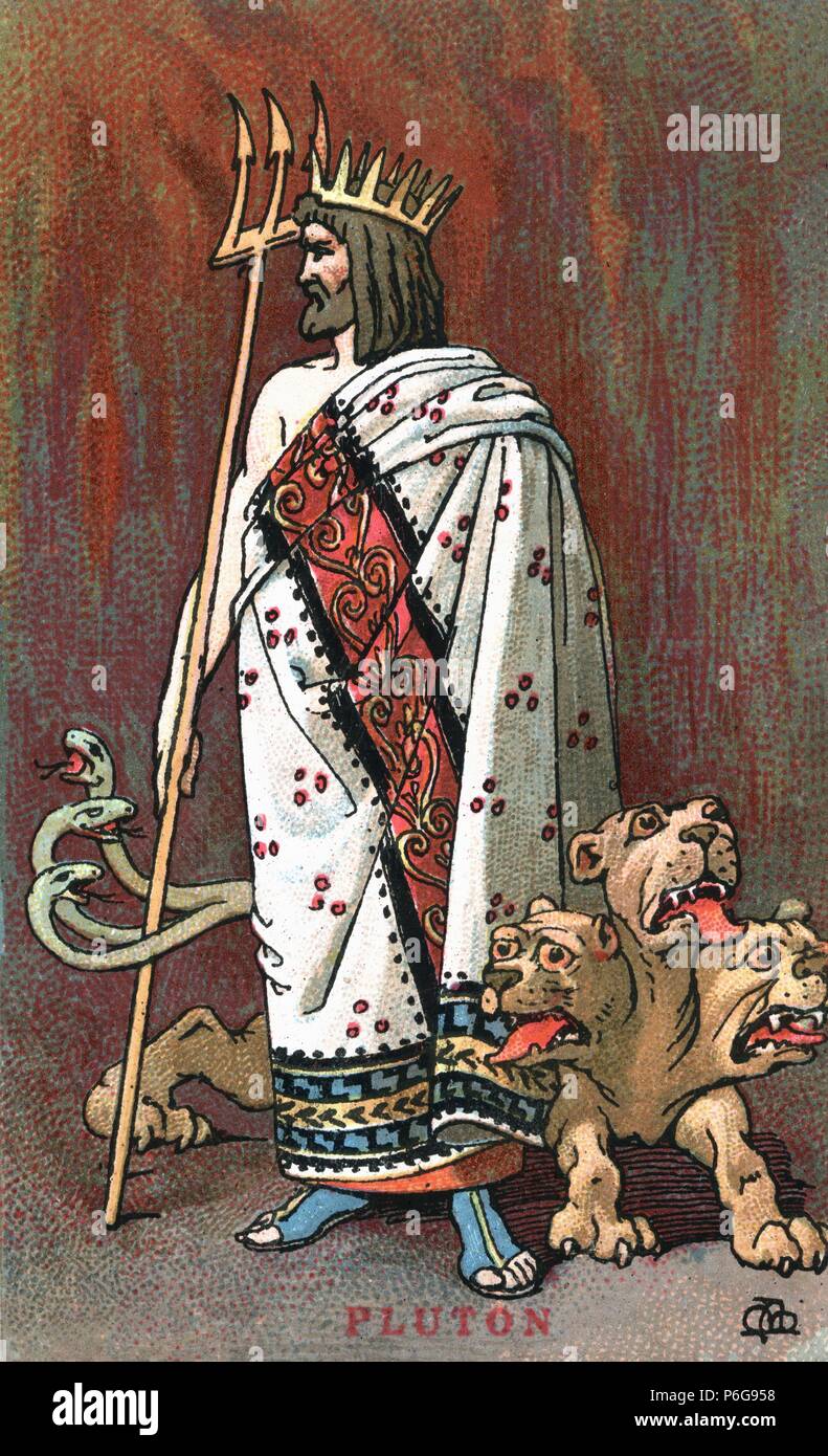 Mitología. Plutón, dios de la muerte, su equivalente griego es Hades, hijo de Saturno y Rea. Se le representa con una espesa barba y aire severo, con un cetro y junto a Cerbero, perro con tres cabezas. Años 1920. Stock Photo