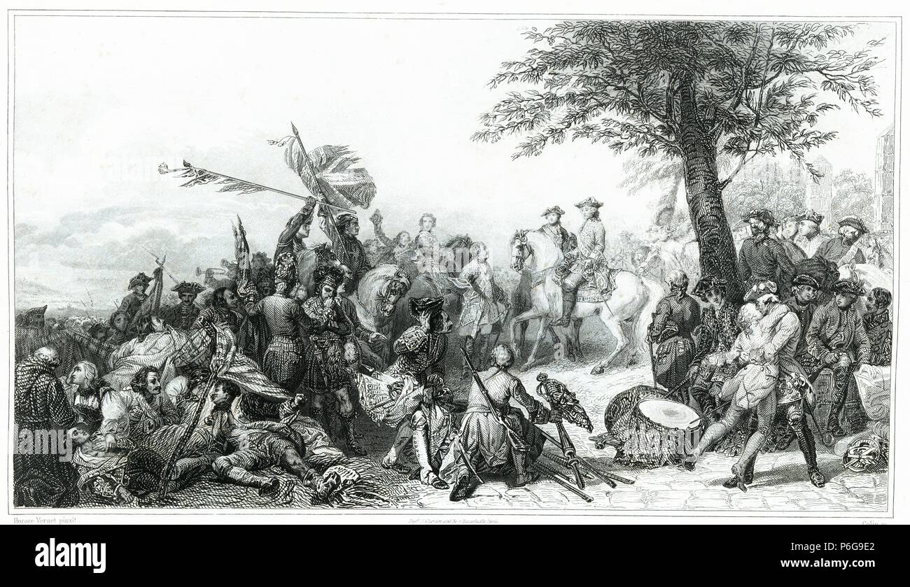 Francia. Batalla de Fontenoy (Bélgica) en el marco de la Guerra de sucesión austríaca; victoria francesa frente las tropas anglo-neerlandesas el 11 de mayo de 1745. Grabado de 1853. Stock Photo