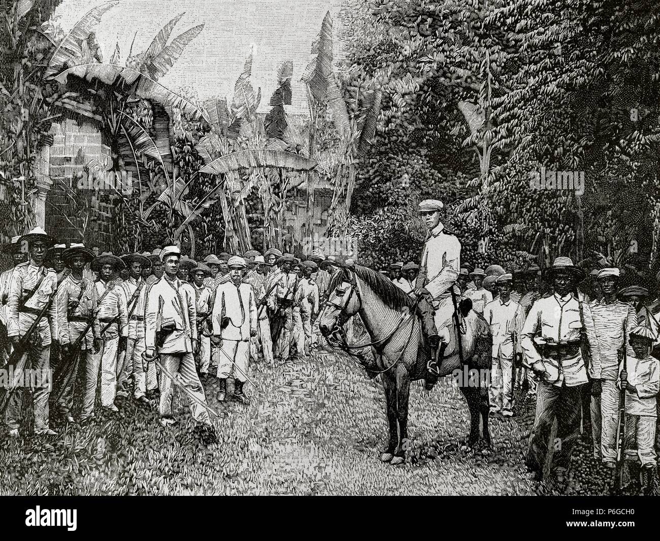 Philippine War of Independence. Officers and soldiers of the Tagalog army. Engraving of 'The Artistic Illustration,' 1899. Stock Photo