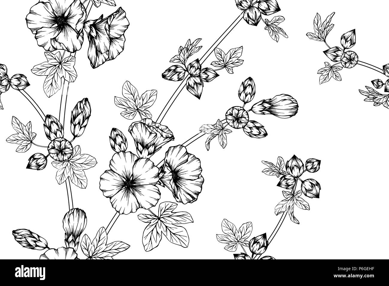 Seamless Hollyhock flower pattern background. Black and white with drawing line art illustration. Stock Vector