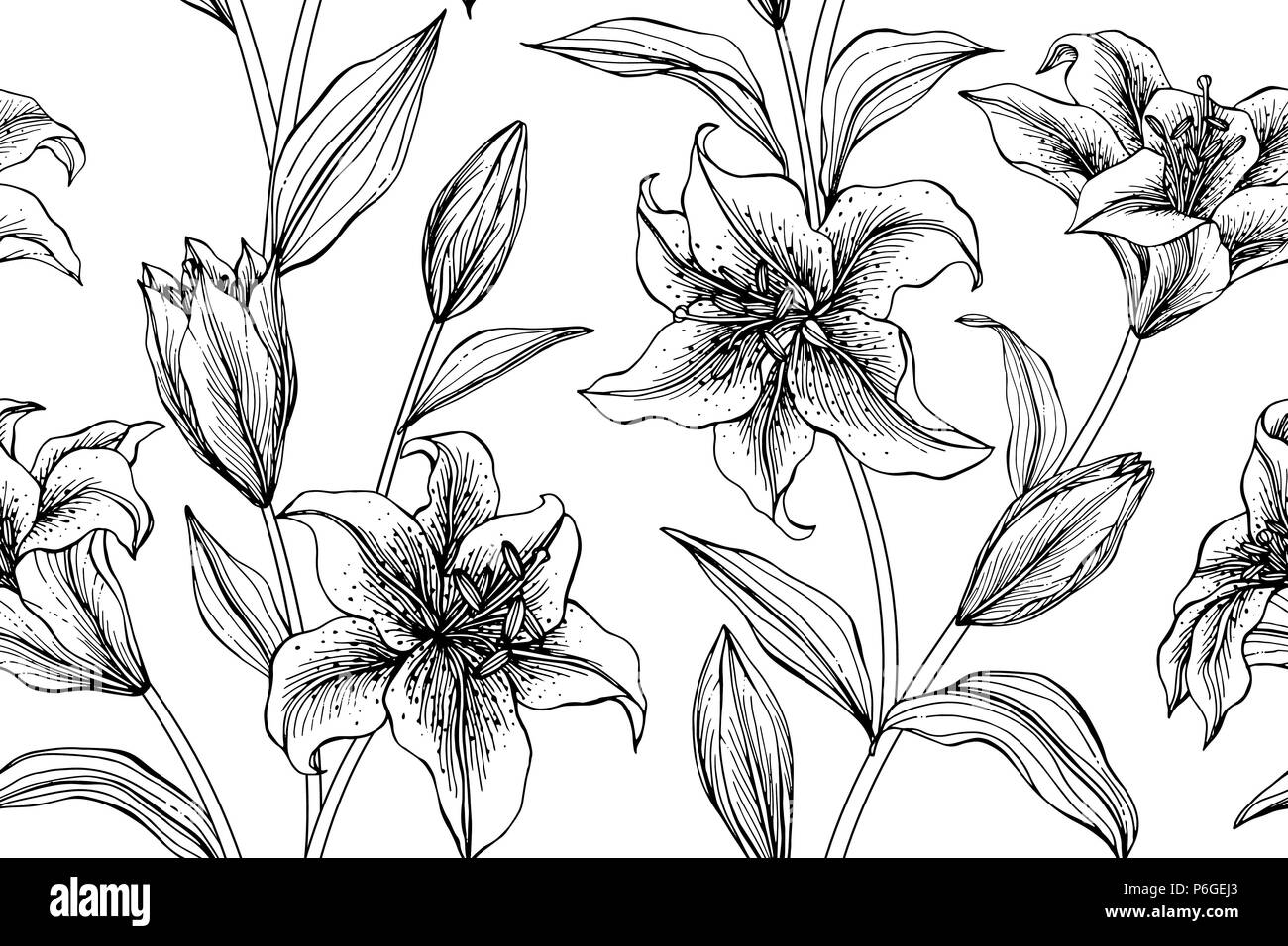 Seamless Lily flower pattern background. Black and white with drawing ...