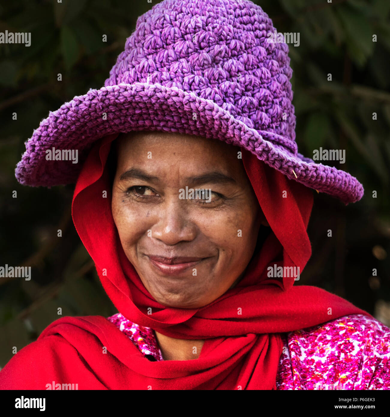 Beautiful Cambodia ladyt in a traditional local wooly hat Stock Photo