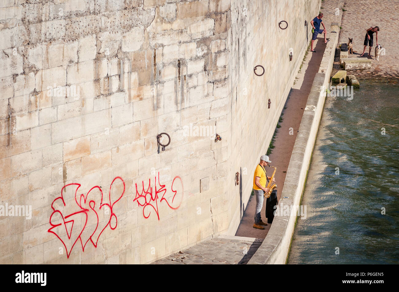 Saxophone on the river Seine Stock Photo