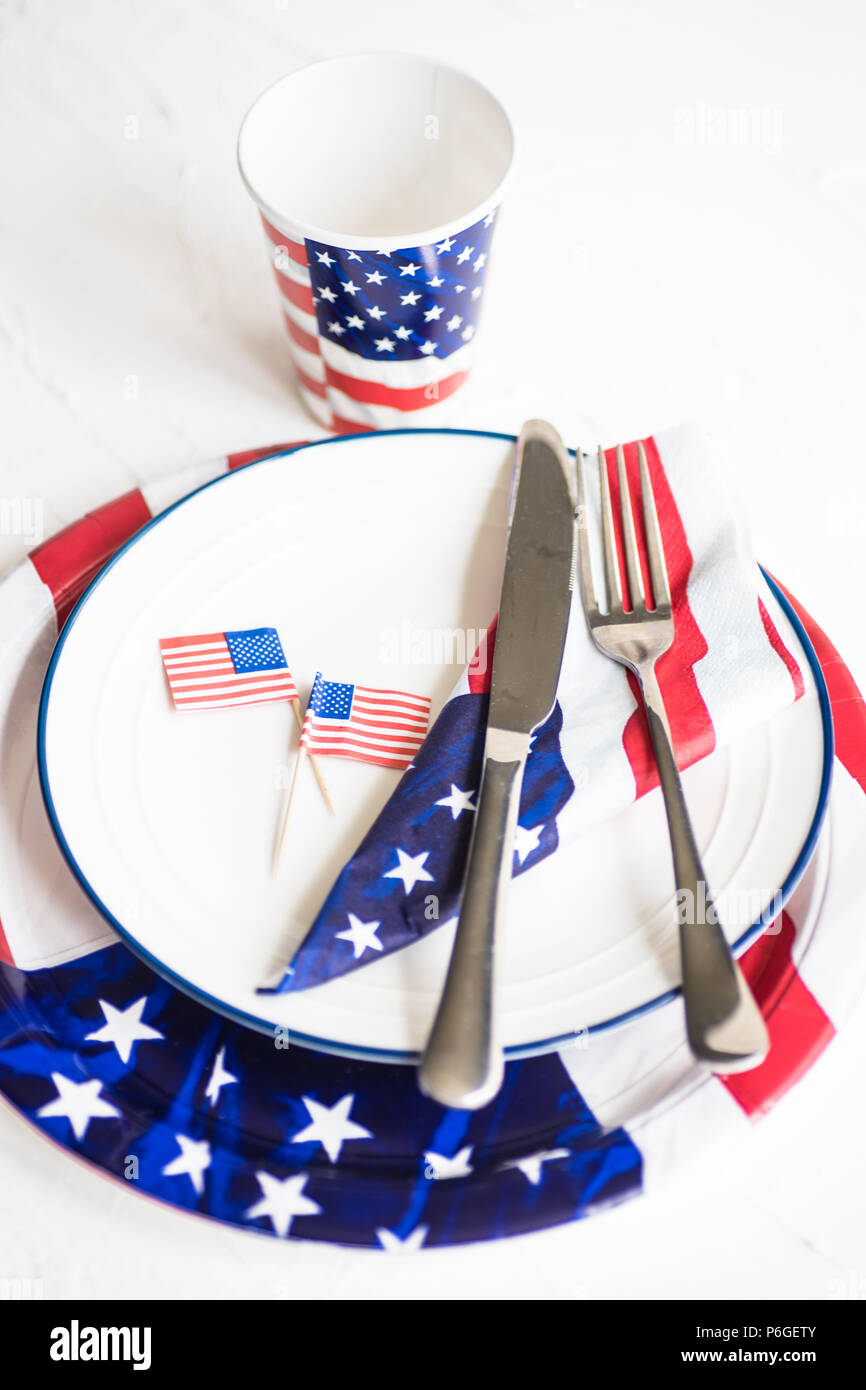 Table setting for 4th July celebration on USA Independence day Stock Photo