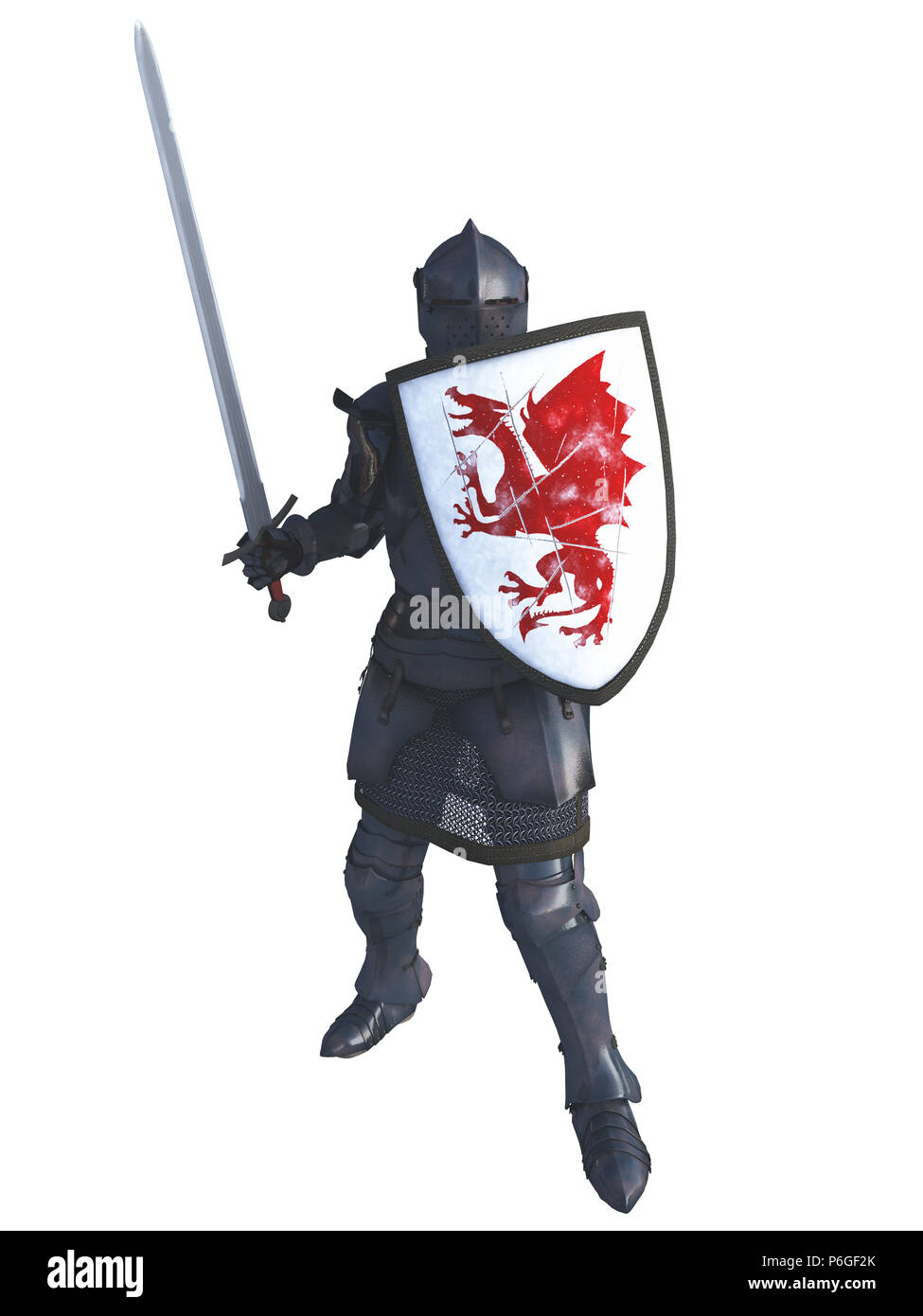 Medieval Knight with Red Dragon Shield Stock Photo