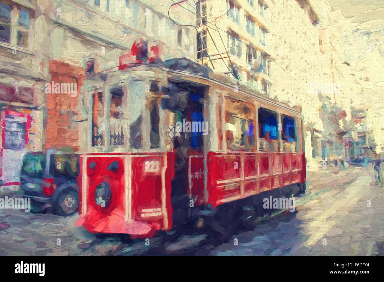 Digital art painting of an original photo of a nostalgic tram in Taksim Istiklal street in Istanbul. This oil painting canvas effect produces a beauti Stock Photo