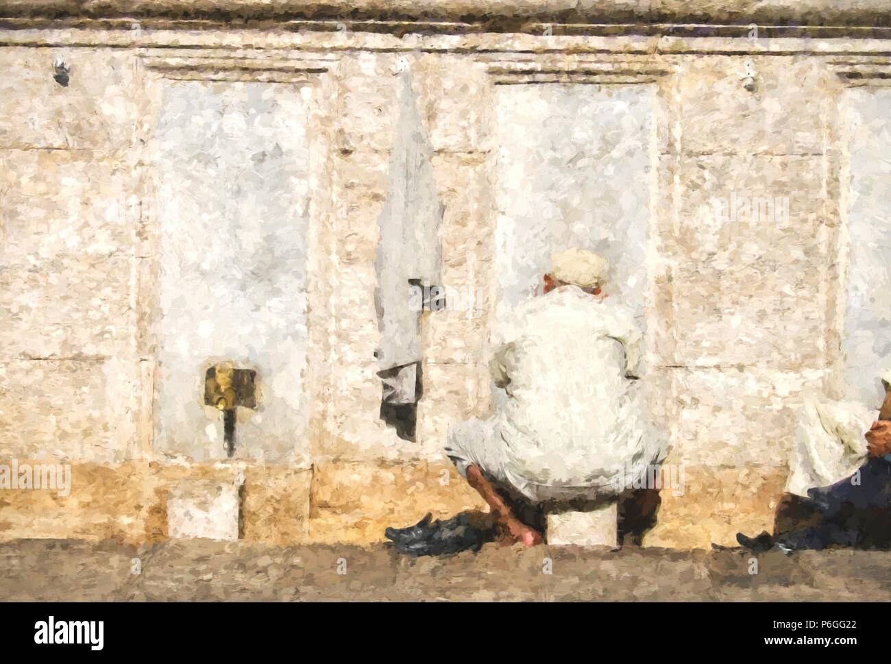 Digital art painting of an original photo of a Turkish muslim man washes feet in front of mosque. This oil painting canvas effect produces a beautiful Stock Photo