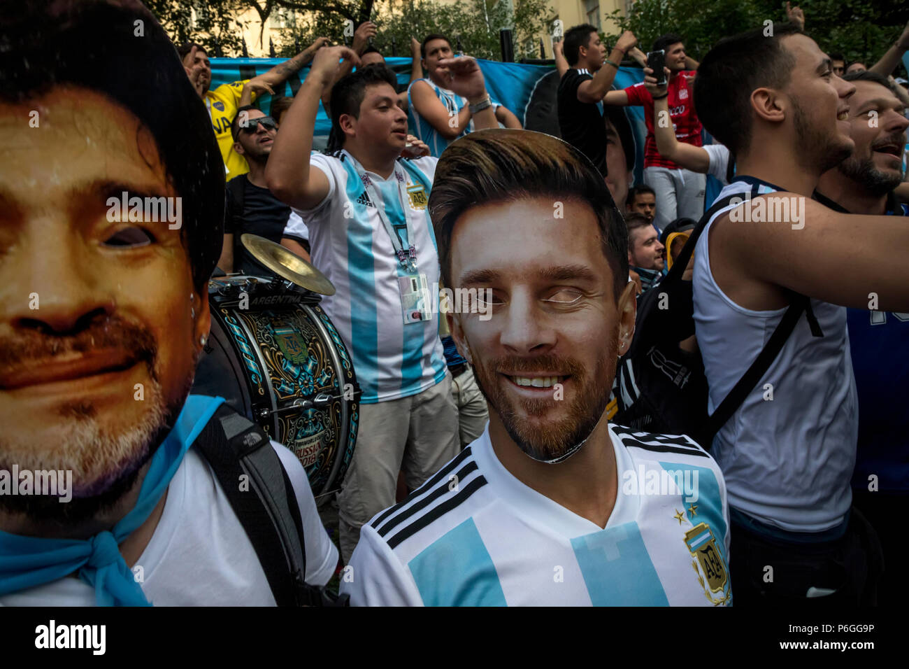 Argentinian fans cheer on Nikolskolskaya street at center of Moscow during the 2018 FIFA World Cup Russia Stock Photo