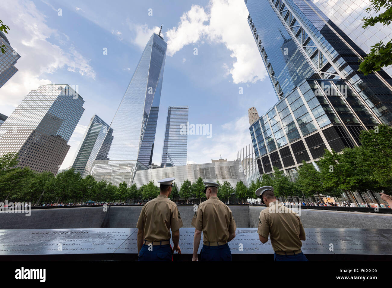 Soldiers paying homage at the 9/11 Memorial. World Trade Center. New York City, U.S.A. Stock Photo