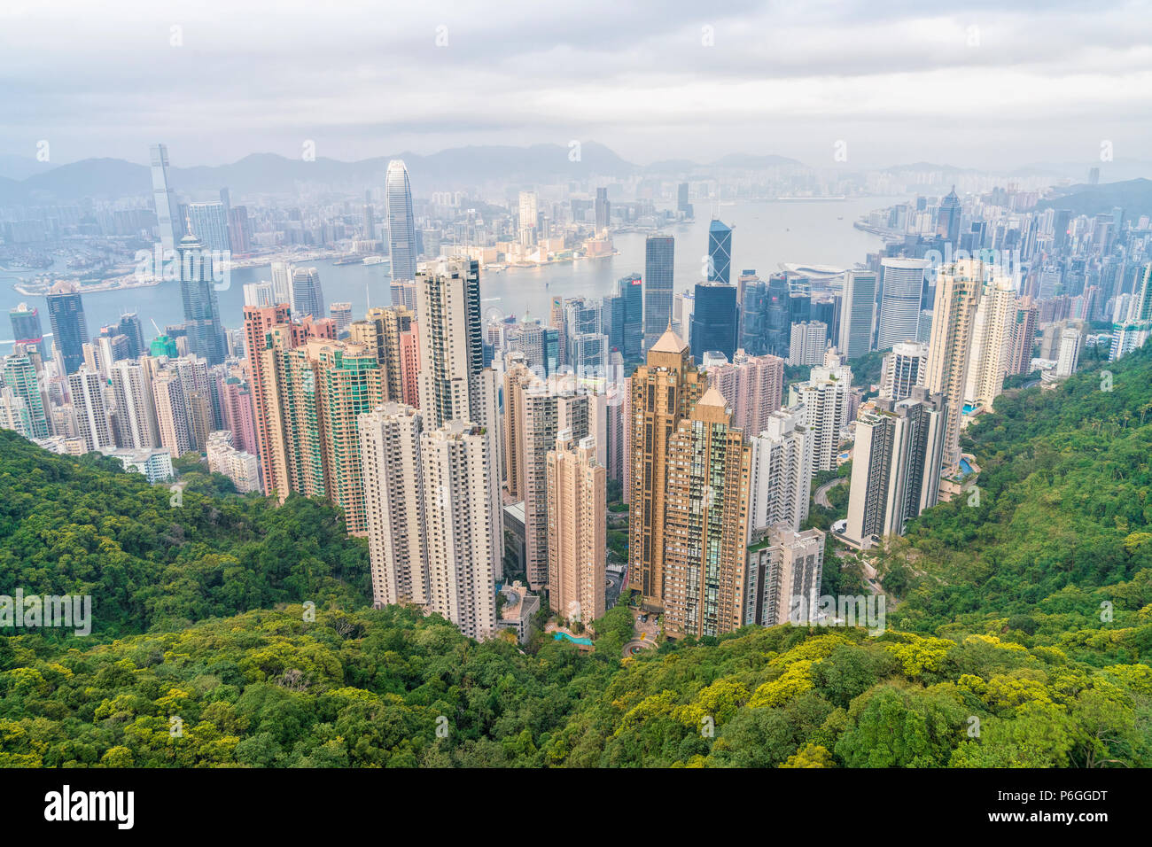 18 February 2018 - Hong Kong. Scenic city landscape panorama with many tall buildings. Picturesque view of Hong Kong skyline from Victoria Peak, famou Stock Photo
