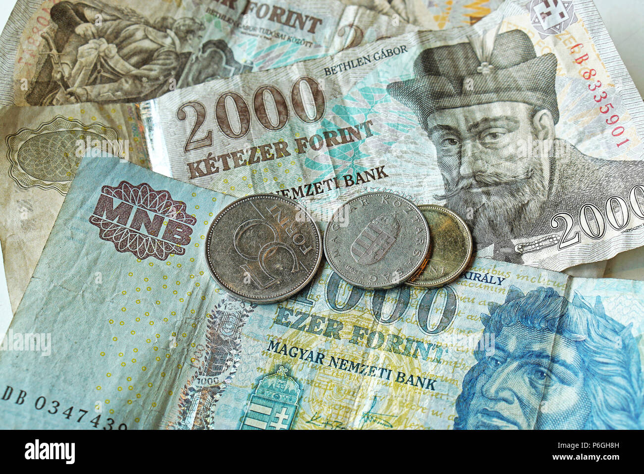 Forint Cash Pile of Hungary Forint banknotes and coins money Stock Photo - Alamy