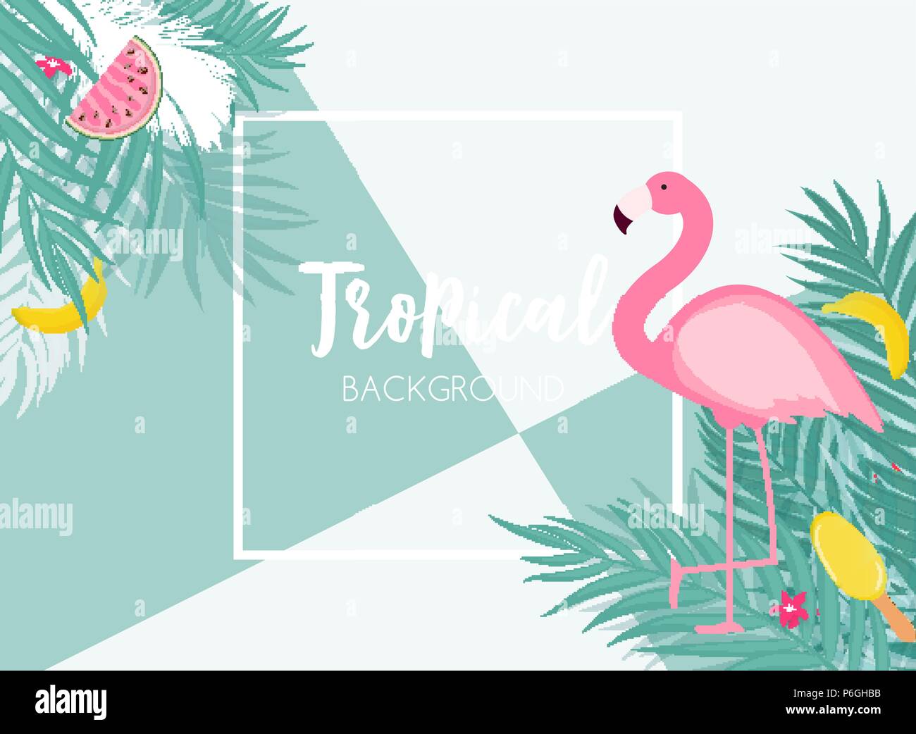 Cute Summer Abstract Frame Background with Pink Flamingo Vector ...