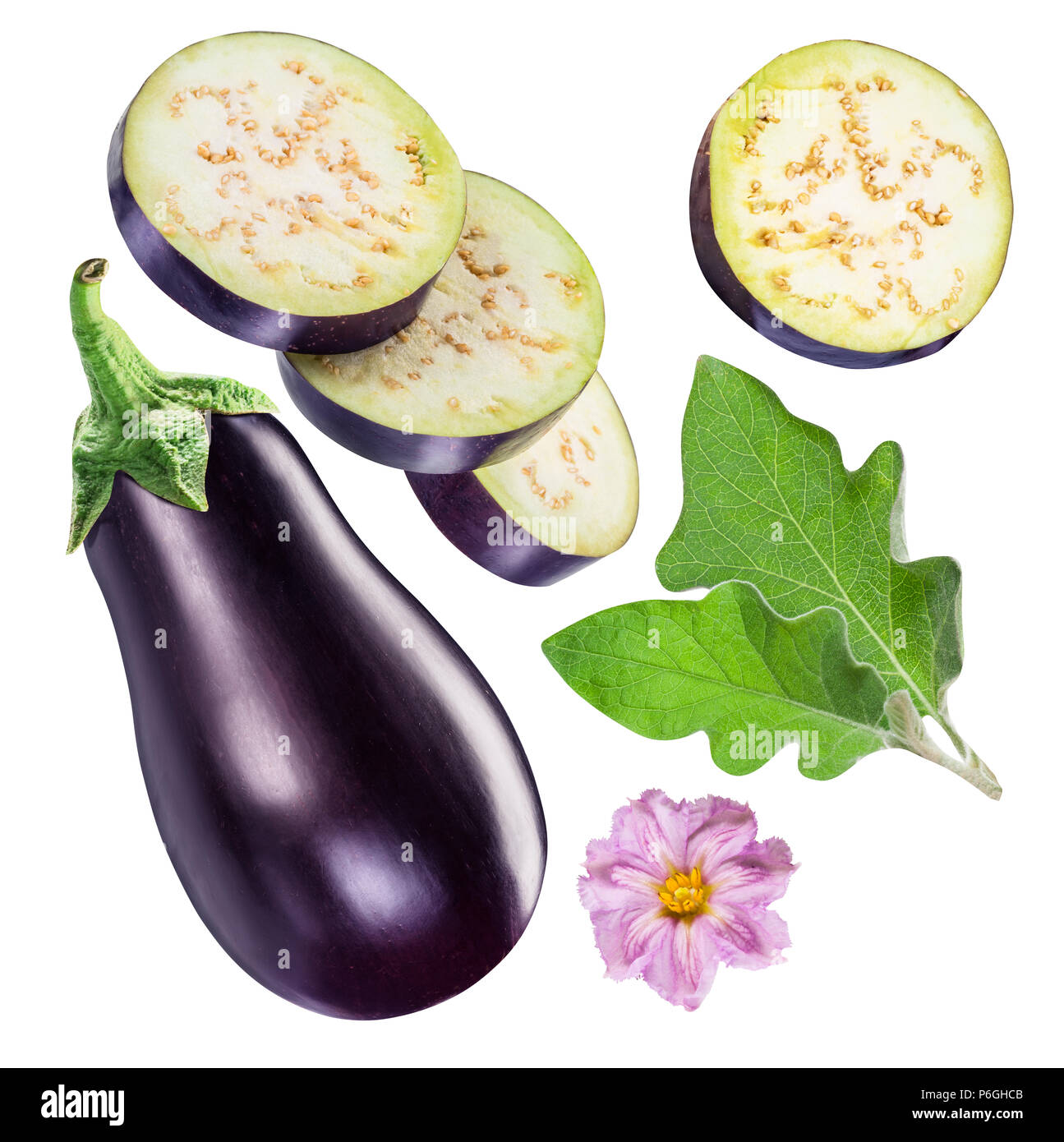 Aubergine Or Eggplant Aubergine Flower Leaves And Three Slices File Contains Clipping Path For Each Item Stock Photo Alamy