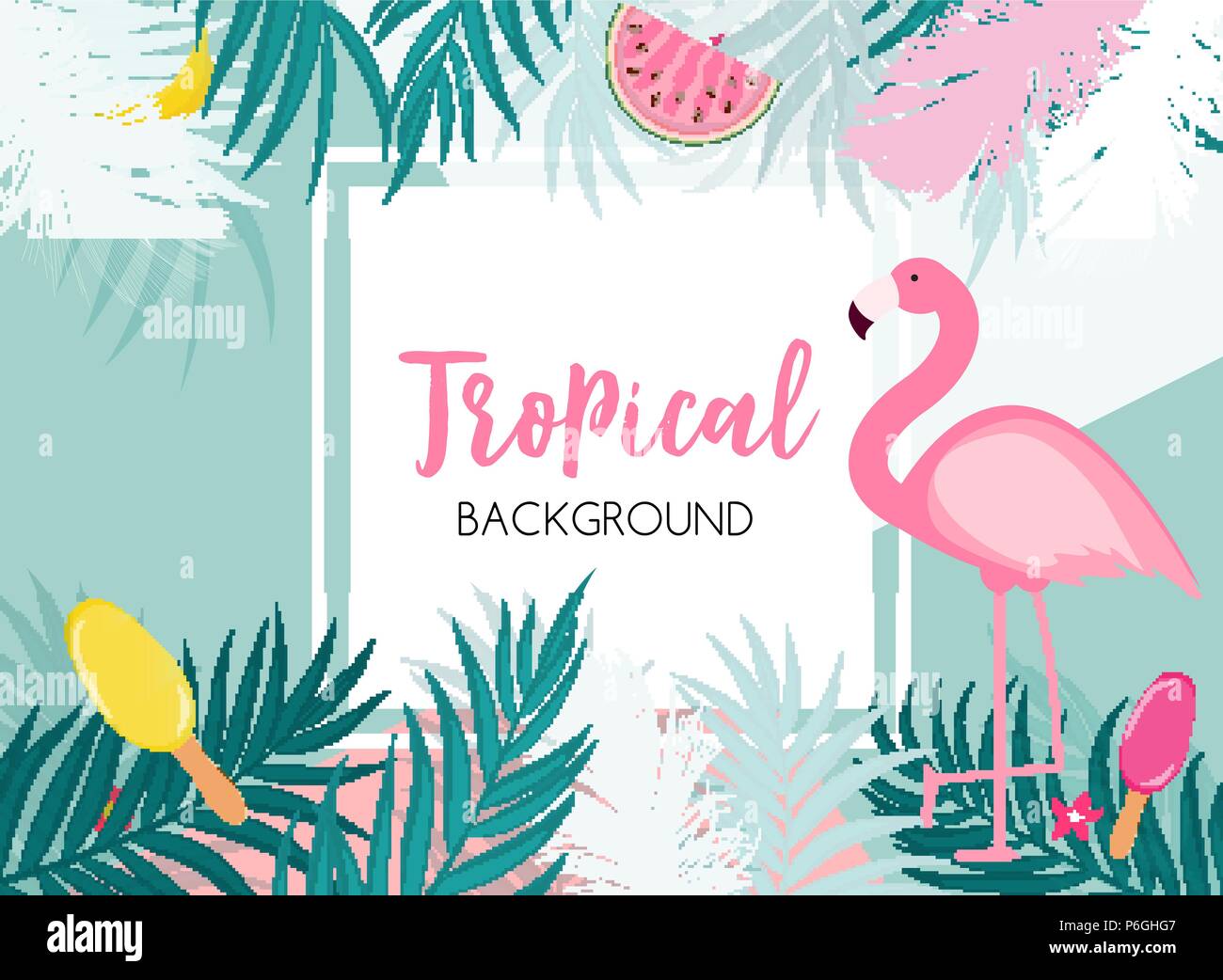 Cute Summer Abstract Frame Background with Pink Flamingo Vector ...