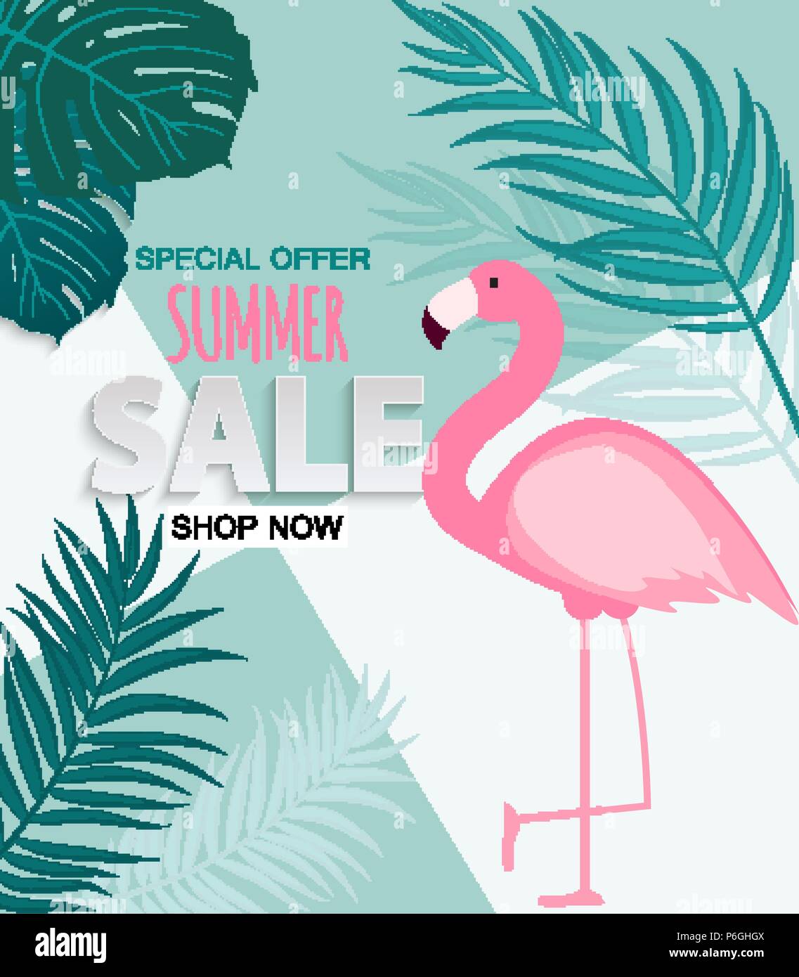 Abstract Summer Sale Background with Palm Leaves and Flamingo. Vector ...