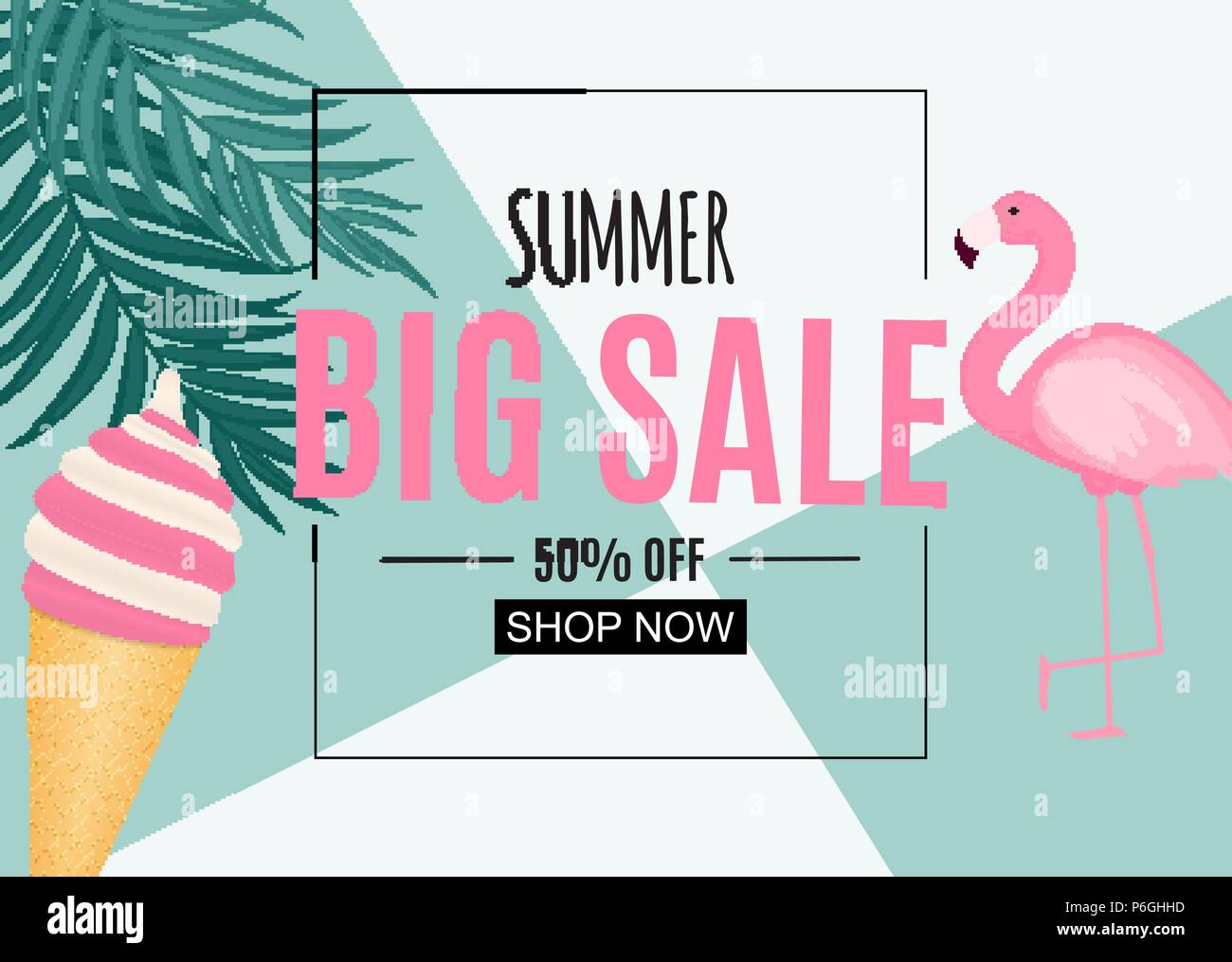 Abstract Summer Sale Background with Palm Leaves and Flamingo. Vector ...