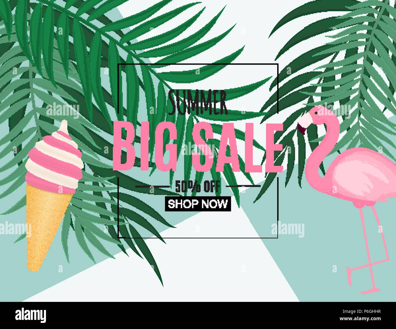 Abstract Summer Sale Background with Palm Leaves and Flamingo. Vector ...