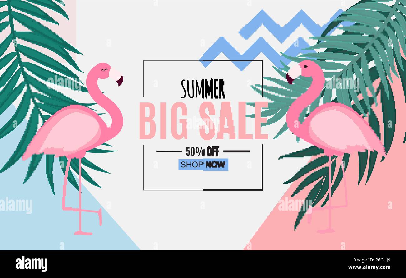Abstract Summer Sale Background with Palm Leaves and Flamingo. Vector ...