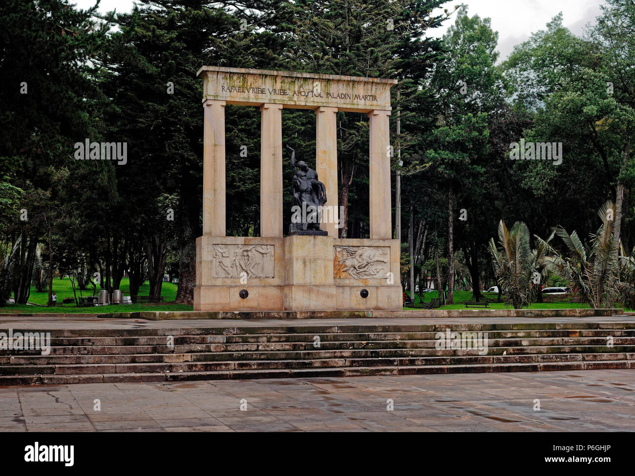 Statue surrounded by concrete pillars at the Parque Nacional, Bogota, Colombia Stock Photo