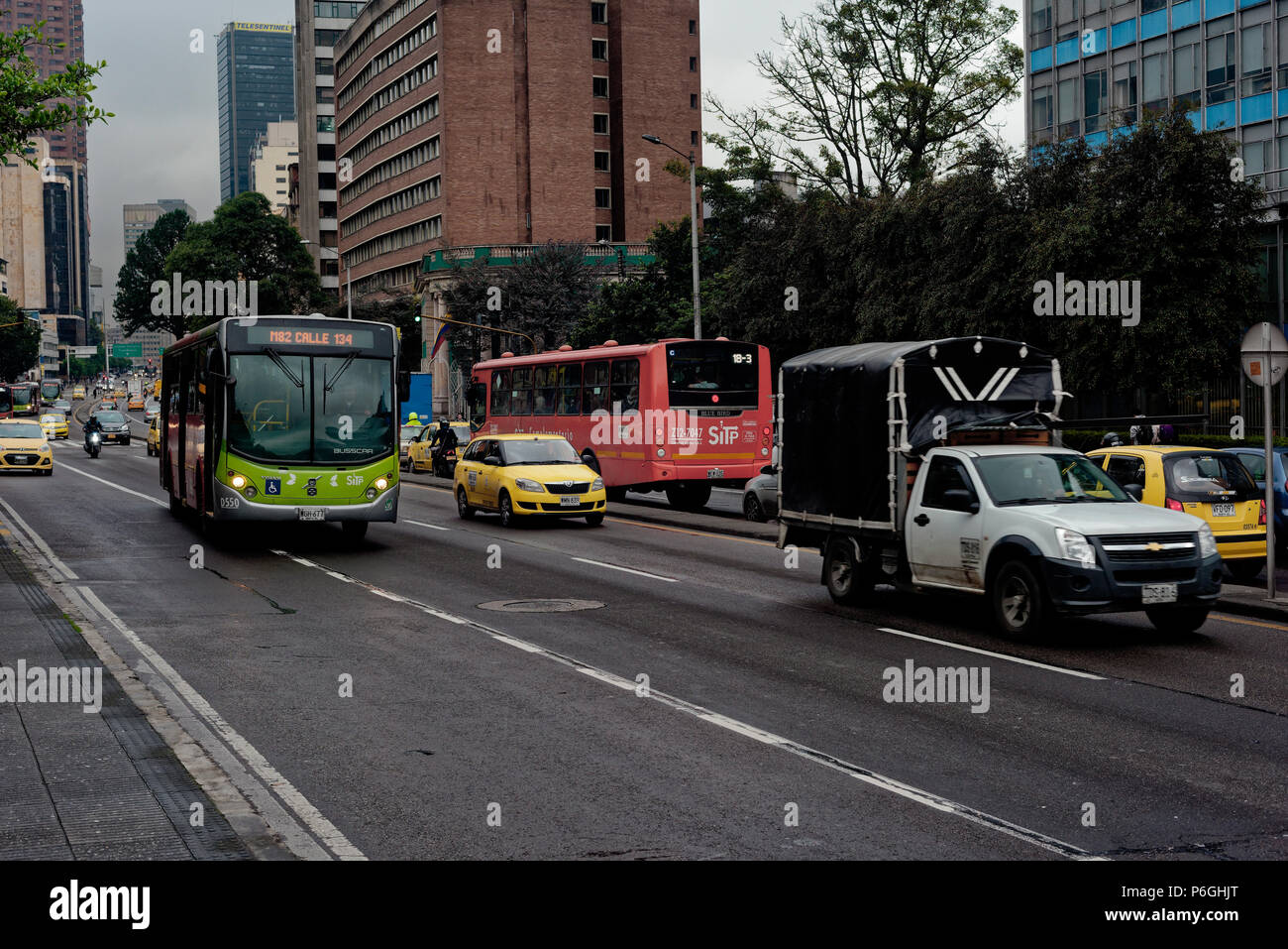 Traffic on a busy road by Parque Nacional, Bogota, Colombia Stock Photo