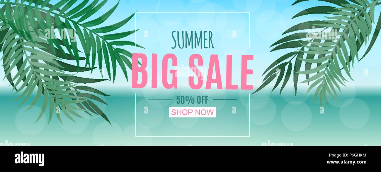 Abstract Summer Sale Background with Palm Leaves and Flamingo. Vector ...