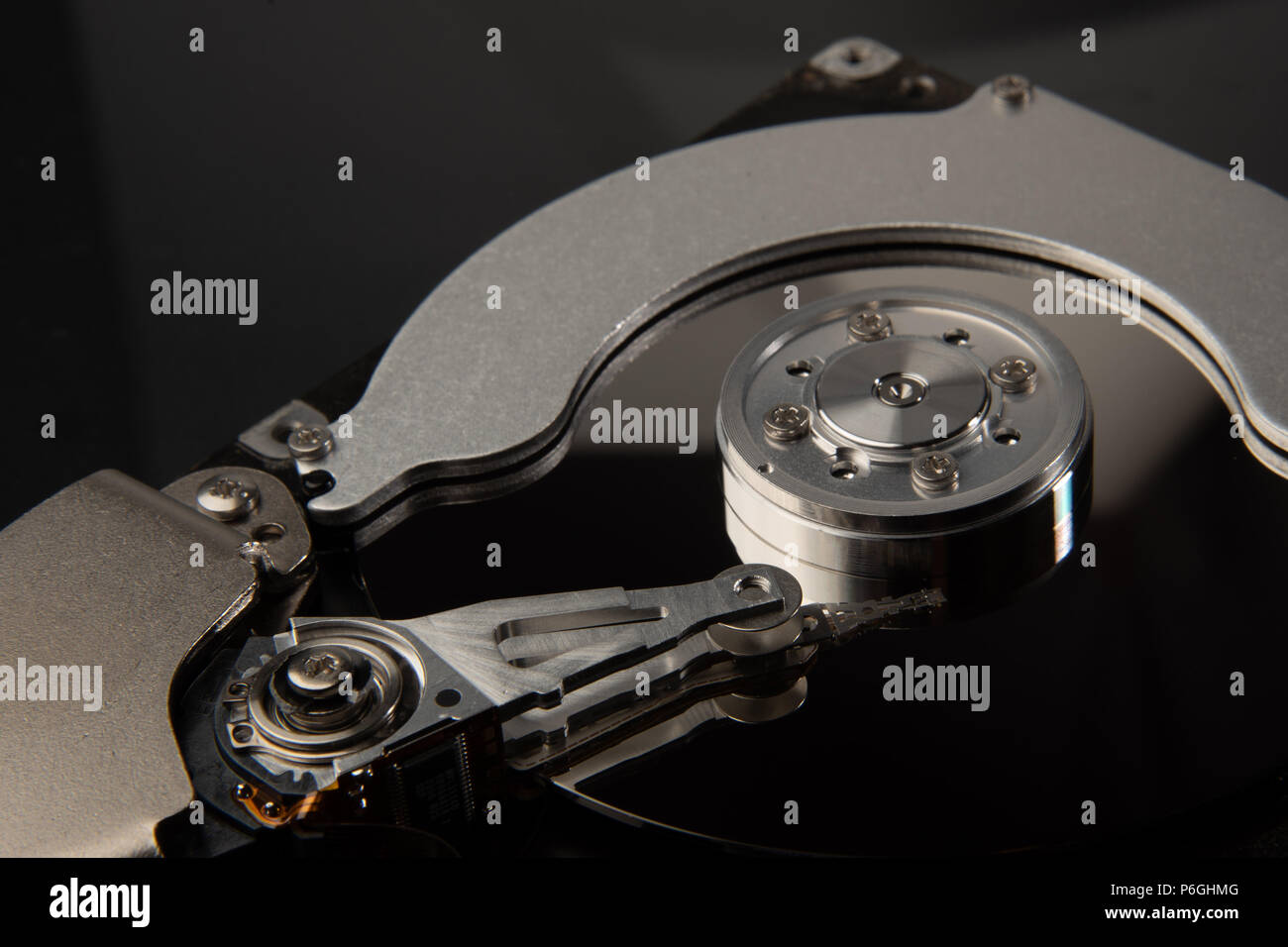 inside of hard disc or PC disc drive, close up or macro photography of ...