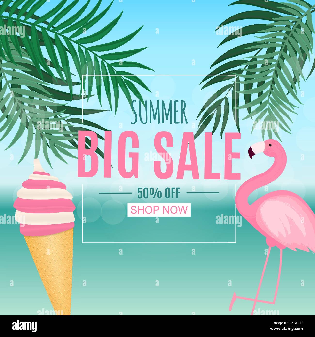 Abstract Summer Sale Background with Palm Leaves and Flamingo. Vector ...