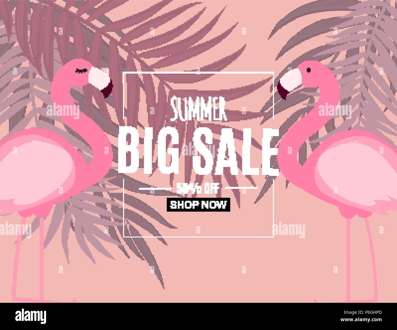 Abstract Summer Sale Background with Flamingo and Palm Leaves. Vector ...