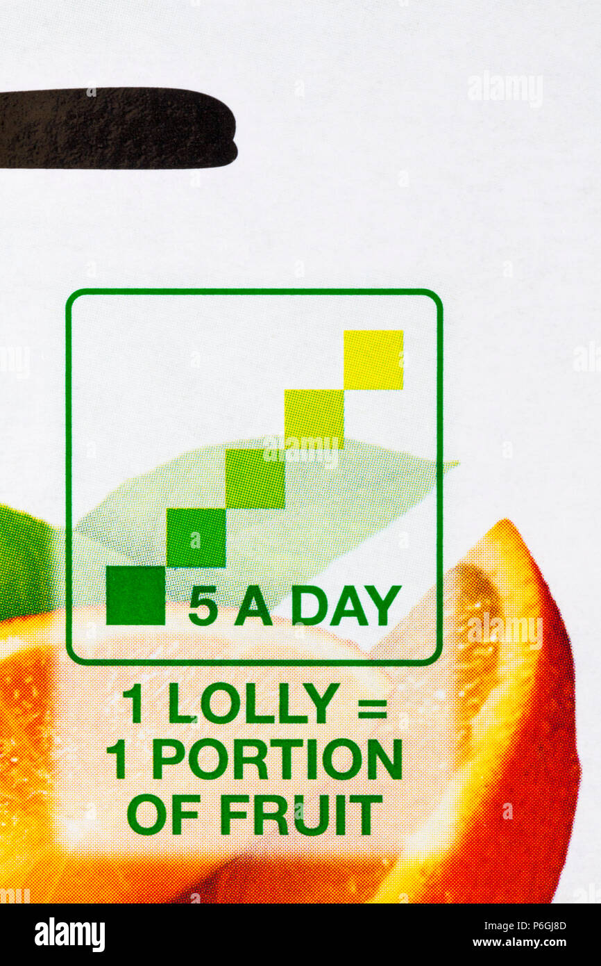 5 a day, 1 lolly = 1 portion of fruit - detail on box of Del Monte Quality 100% juice ice lollies Stock Photo