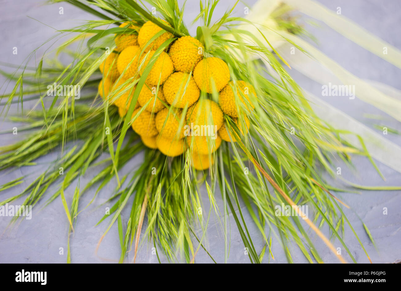 Beautiful yellow billy balls or craspedia flowers in bride bunch on rustic background with copy space Stock Photo
