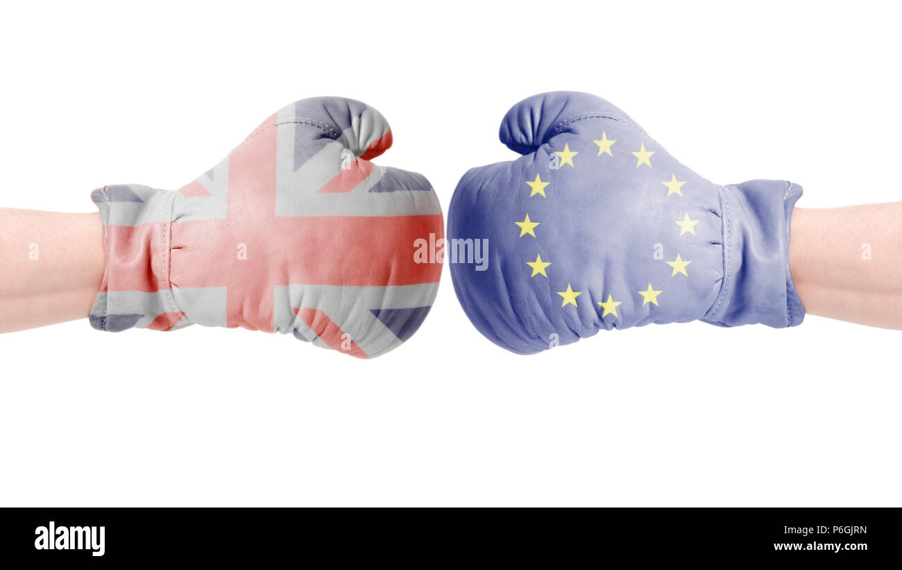 Boxing gloves with European Union and British flag. United kingdom vs