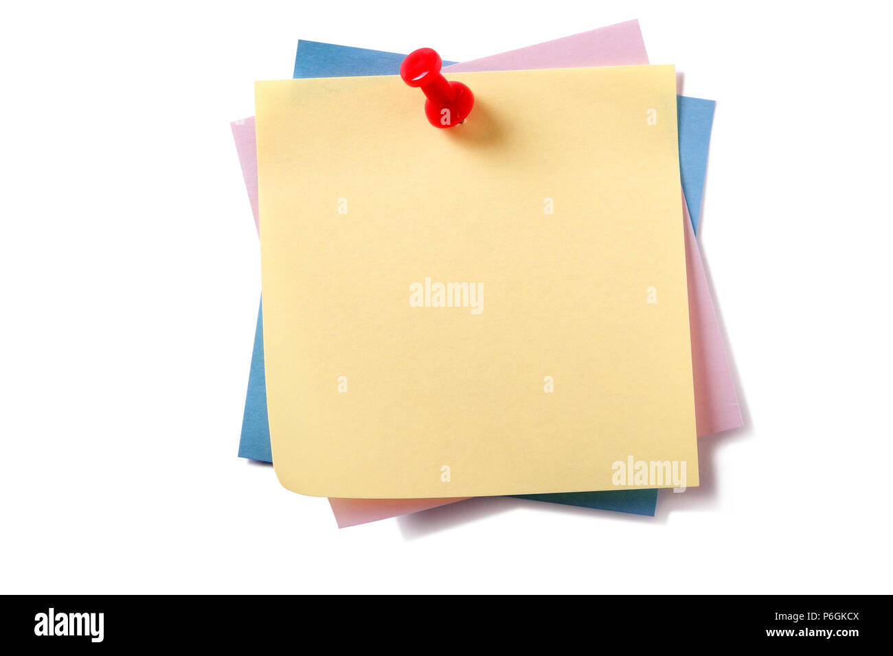 Untidy stack various different colors sticky post notes pinned isolated on white Stock Photo
