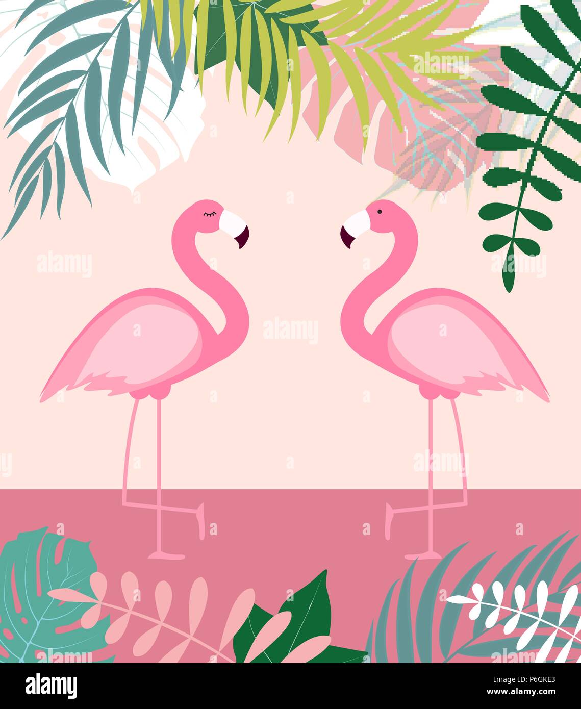 Abstract Summer Background with Palm Leaves and Flamingo. Vector ...