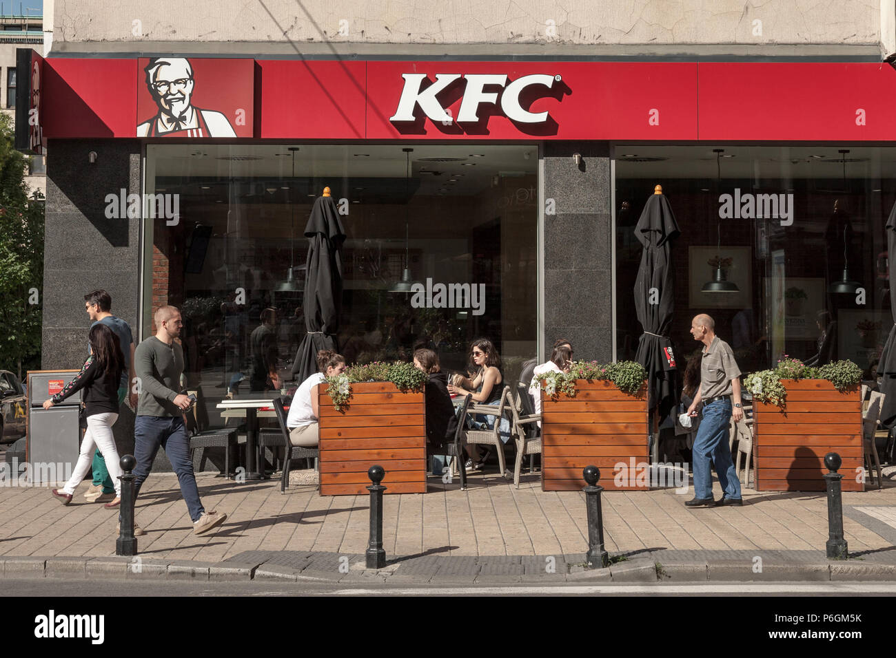 BELGRADE, SERBIA - JUNE 23, 2018: Logo of KFC on their main restaurant for Belgrade. Kentucky Fried Chicken is an American fast food restaurant chain  Stock Photo
