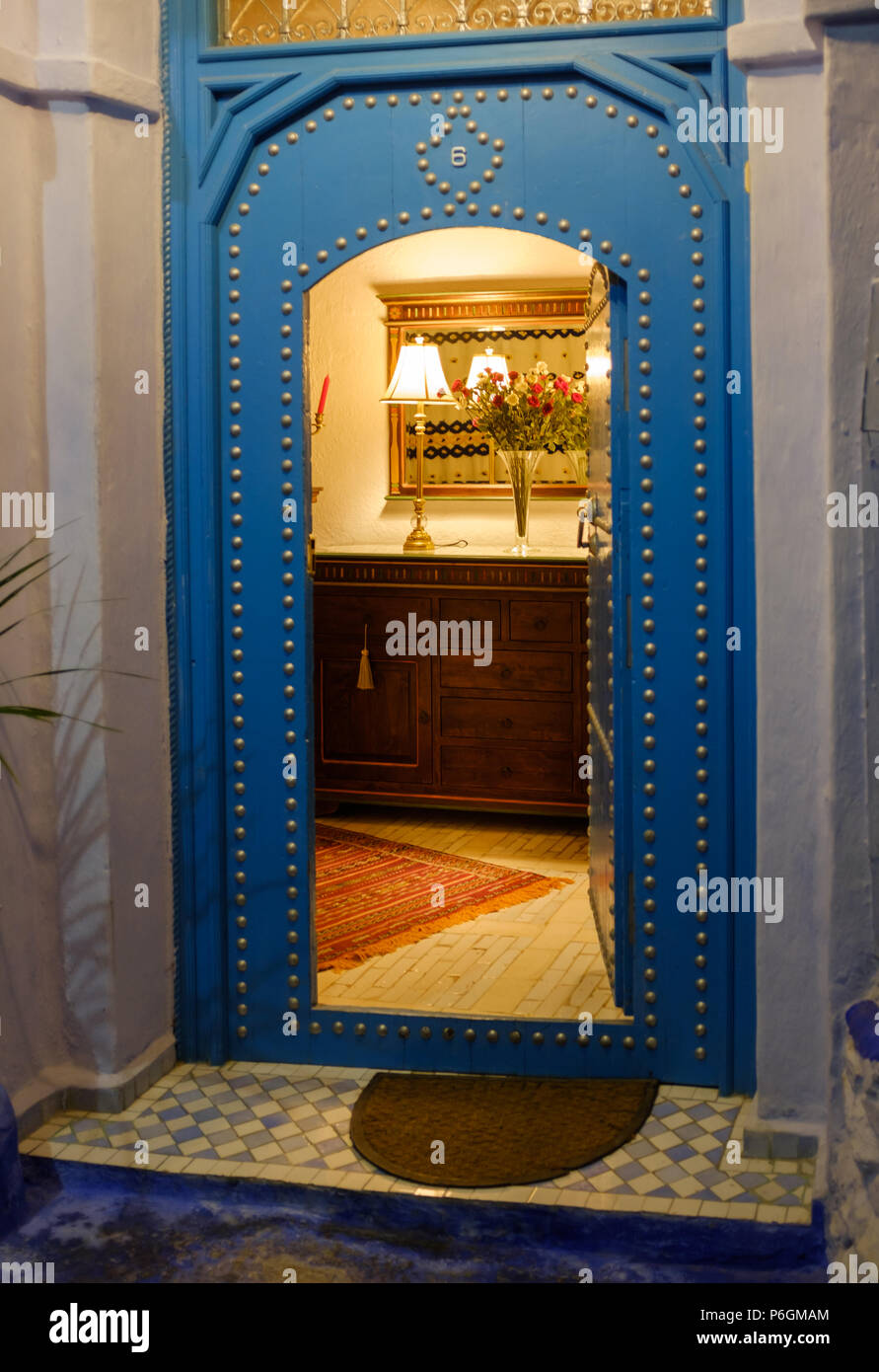 CHEFCHAOUEN, MOROCCO - CIRCA APRIL 2017:  Entrance door of the traditional Riad Cherifa in Chefchaouen. Stock Photo