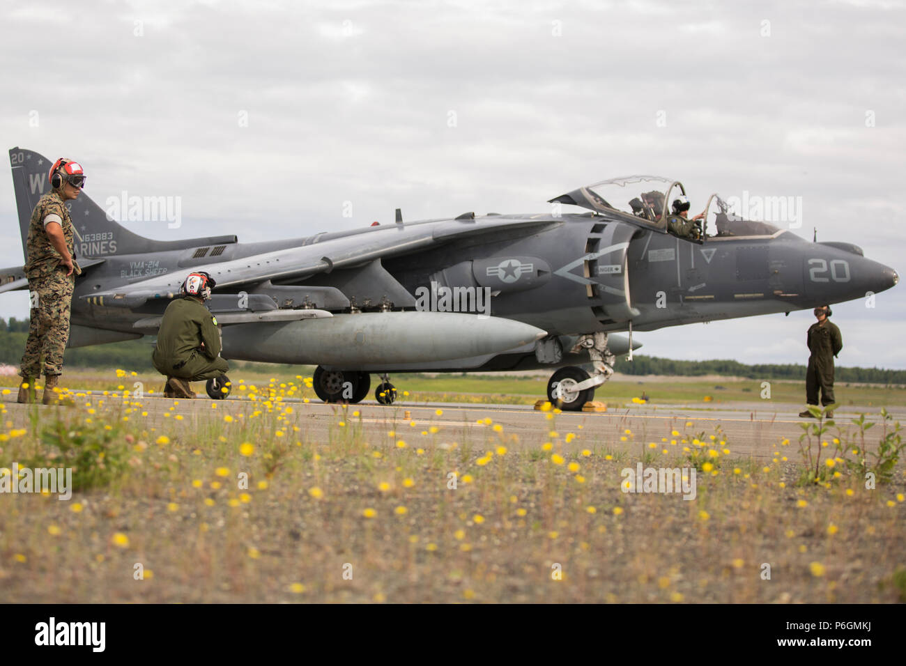 Marine Attack Squadron (VMA) 214 Marines participate in the 2018 Arctic Thunder Air Show at Joint Base Elmendorf-Richardson, Alaska, June 29, 2018. VMA-214 conducted a flyby and hover demonstration with the AV-8B Harrier during the air show. (U.S. Marine Corps photo by Lance Cpl. Sabrina Candiaflores) Stock Photo