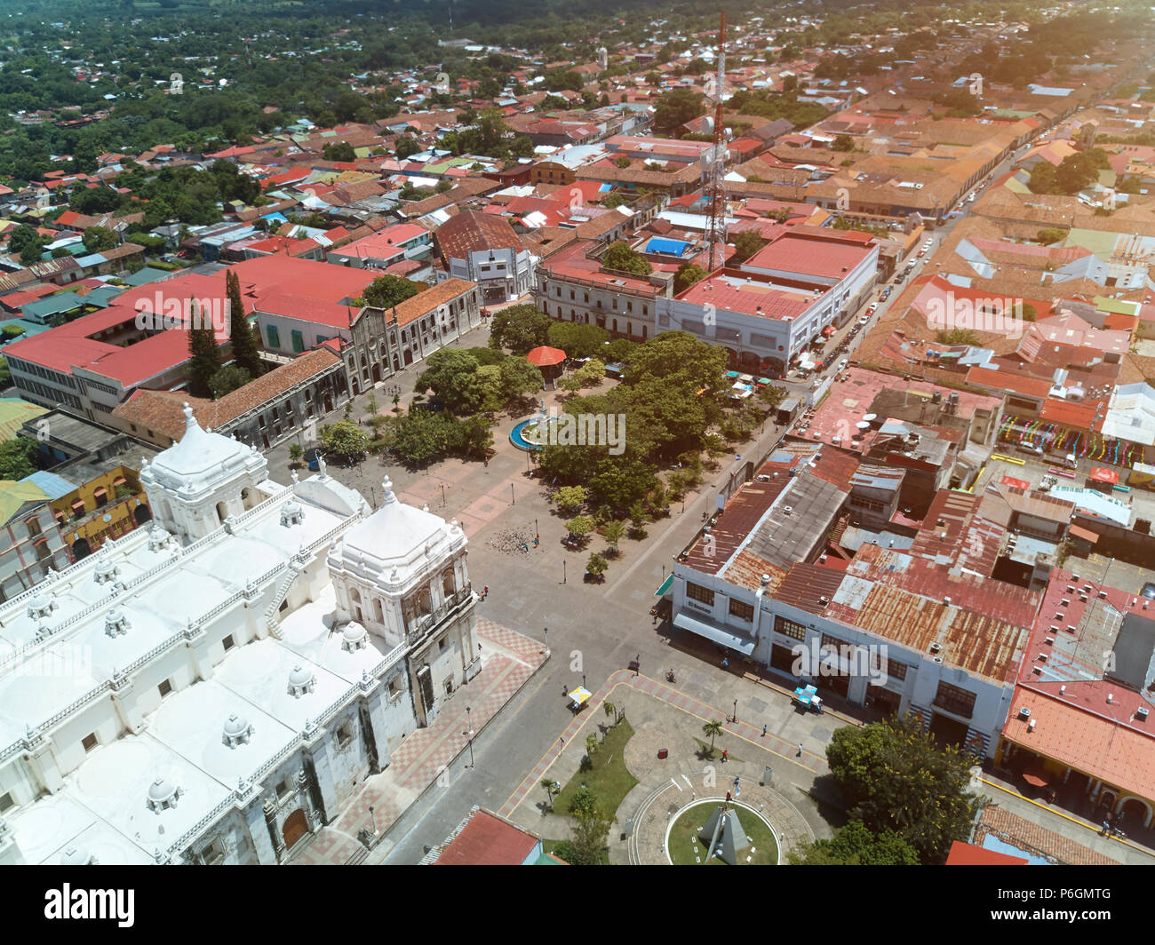 Main square of Leon city in Nicaragua drone view. Leon cityscape Stock Photo